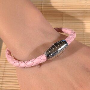 Light Pink Braided Thick Light Pink Vegan Leather Magnetic Clasp Bangle Bracelet